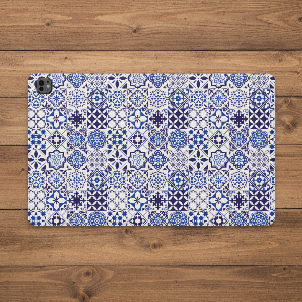 A protective tablet case featuring a detailed blue and white Portuguese azulejo tile pattern, shown against a plain white background.