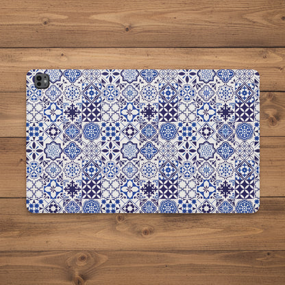 A protective tablet case featuring a detailed blue and white Portuguese azulejo tile pattern, shown against a plain white background.