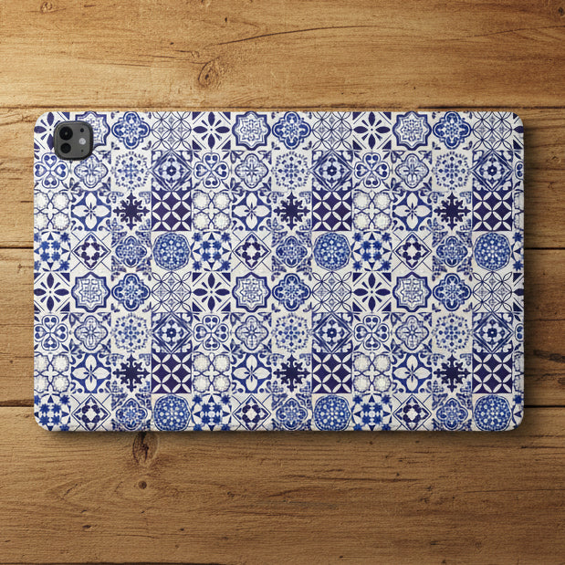 A protective tablet case featuring a detailed blue and white Portuguese azulejo tile pattern, shown on a clean white background.