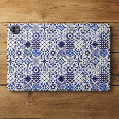 A protective tablet case featuring a detailed blue and white Portuguese azulejo tile pattern, shown on a clean white background.