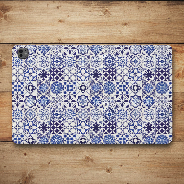 A protective tablet case featuring a detailed blue and white Portuguese azulejo tile pattern, shown on a clean white background.