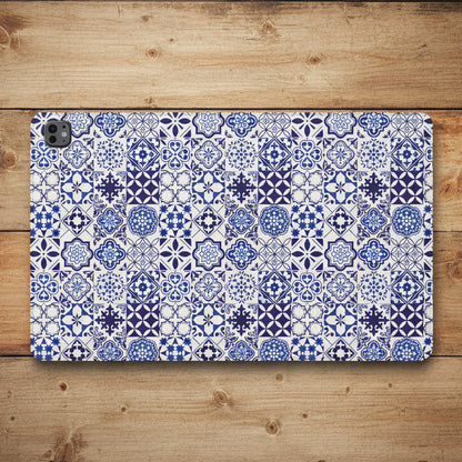 A protective tablet case featuring a detailed blue and white Portuguese azulejo tile pattern, shown on a clean white background.