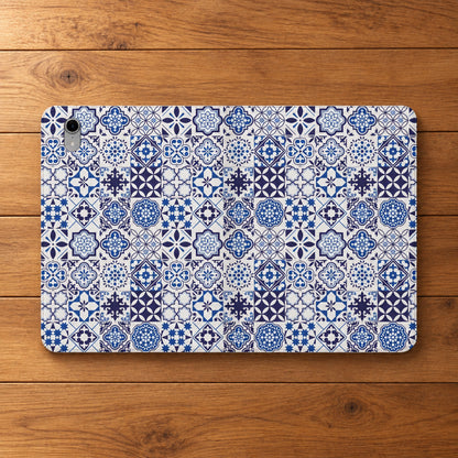 A protective tablet case featuring a detailed blue and white Portuguese azulejo tile pattern, shown on a plain white background.