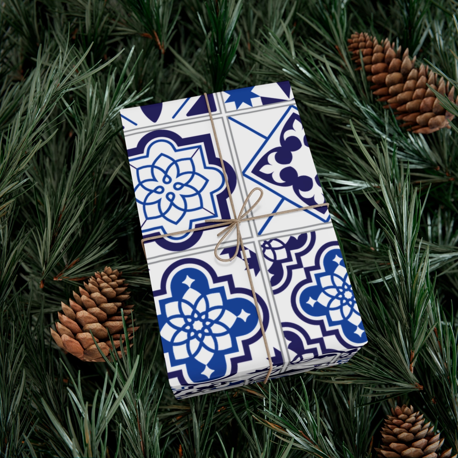 Gift box with blue and white pattern wrapped in paper, tied with string, on green foliage with pine cones.