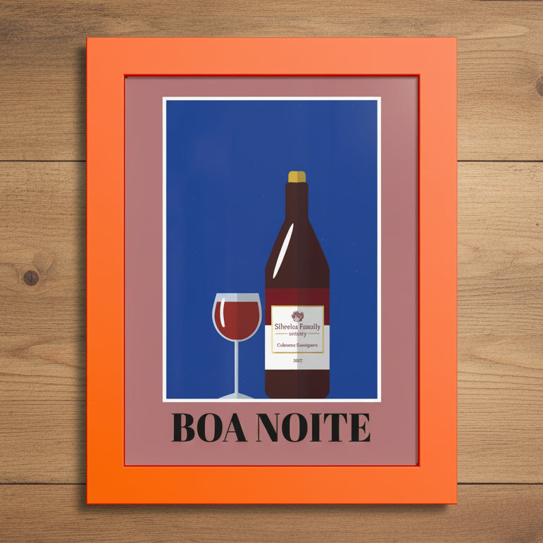 Framed wall art featuring a stylized wine bottle and wine glass on a blue background, with the text 'BOA NOITE' below. The artwork is enclosed in a peach-pink inner frame and a bright orange outer frame, shown against a light gray background.
