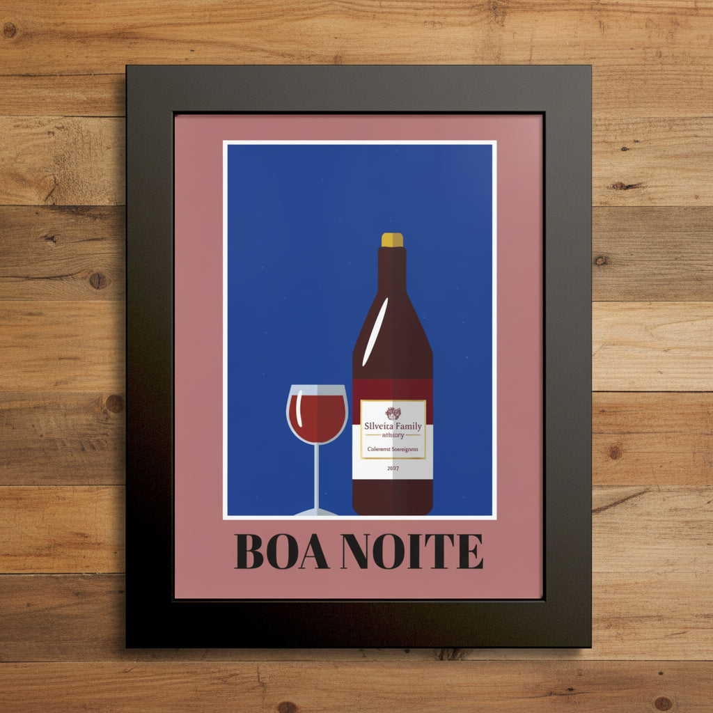 Framed wall art featuring a stylized wine bottle and wine glass on a blue background, surrounded by a pink inner border and a dark wood frame. The text 'BOA NOITE' appears at the bottom.