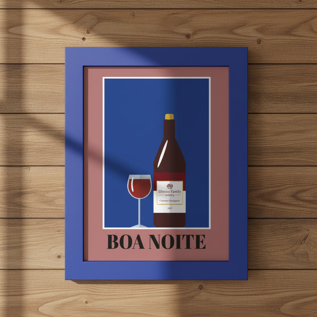 Framed wall art featuring a stylized wine bottle and glass on a blue background, with a mauve border and the text 'BOA NOITE' in black at the bottom. The frame is blue and shown against a light gray background.