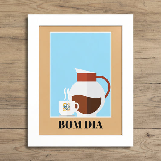 A framed art print featuring a minimalist coffee-themed illustration with a white pitcher, a small cup with steam, and the text 'BOM DIA' on a tan background with a white frame.