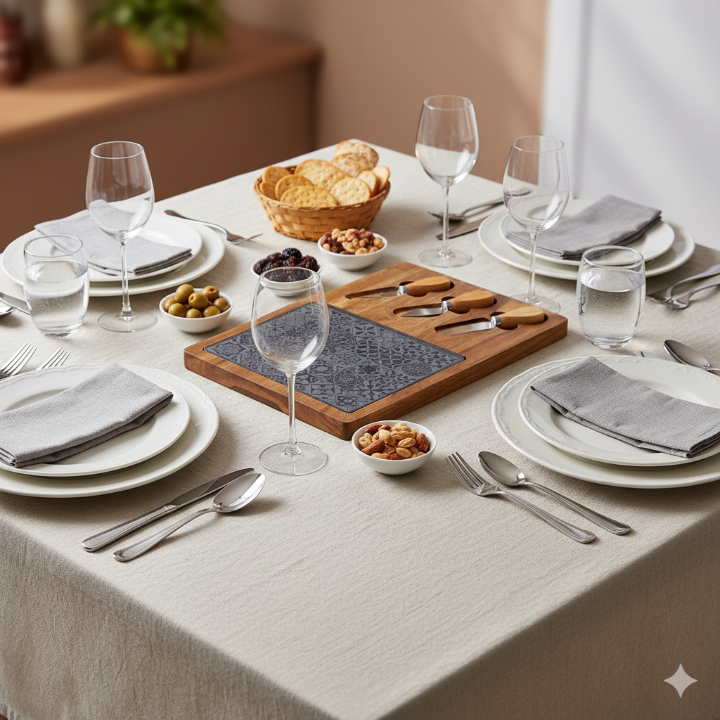 Dining table set with plates, glasses, cutlery, and a wooden cutting board.