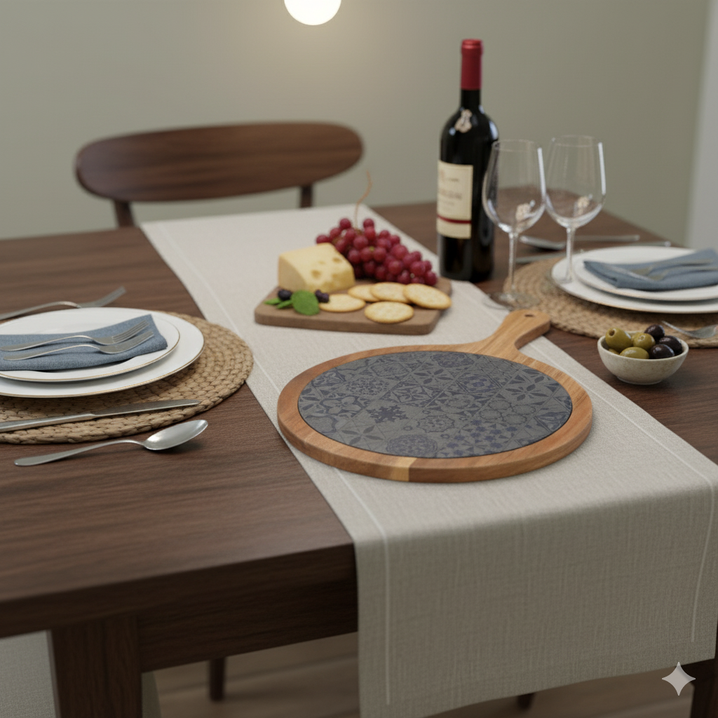 Dining table set with plates, wine, and appetizers on a neutral background
