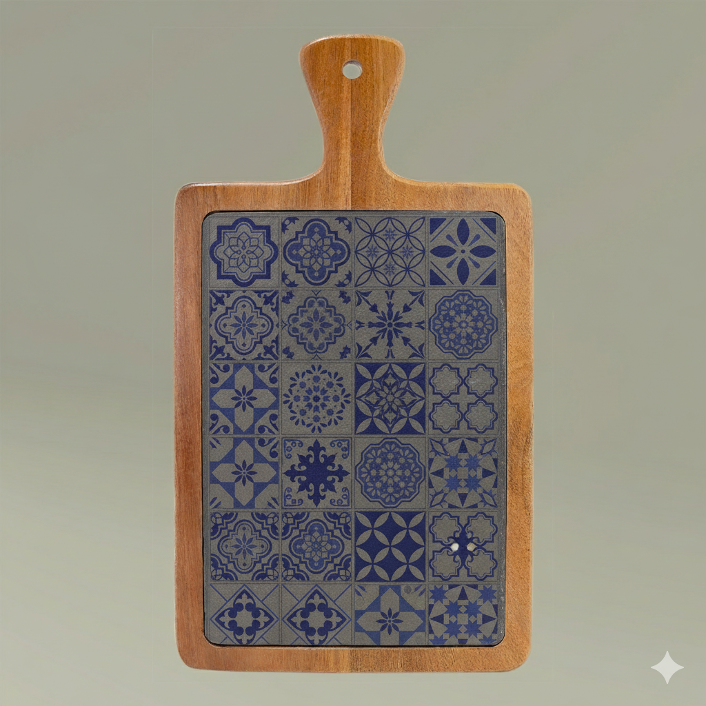 Wooden cutting board with engraved tile geometric pattern on a gray background