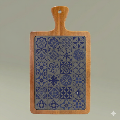 Wooden cutting board with engraved tile geometric pattern on a gray background