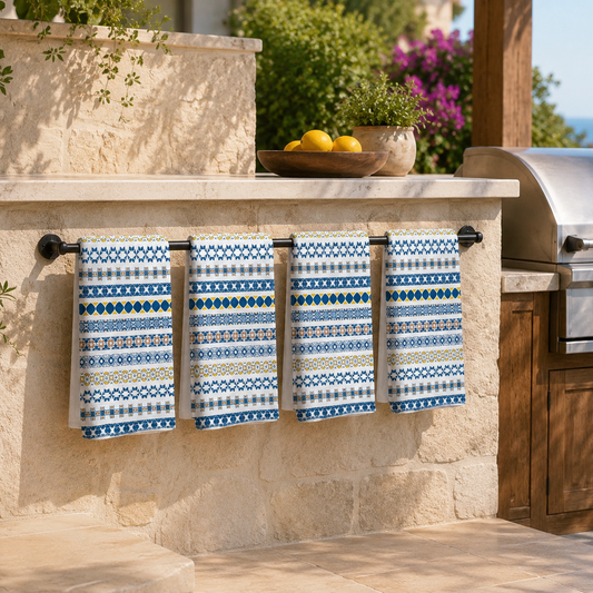 Outdoor kitchen with patterned towels hanging on a rack, surrounded by plants and a grill.