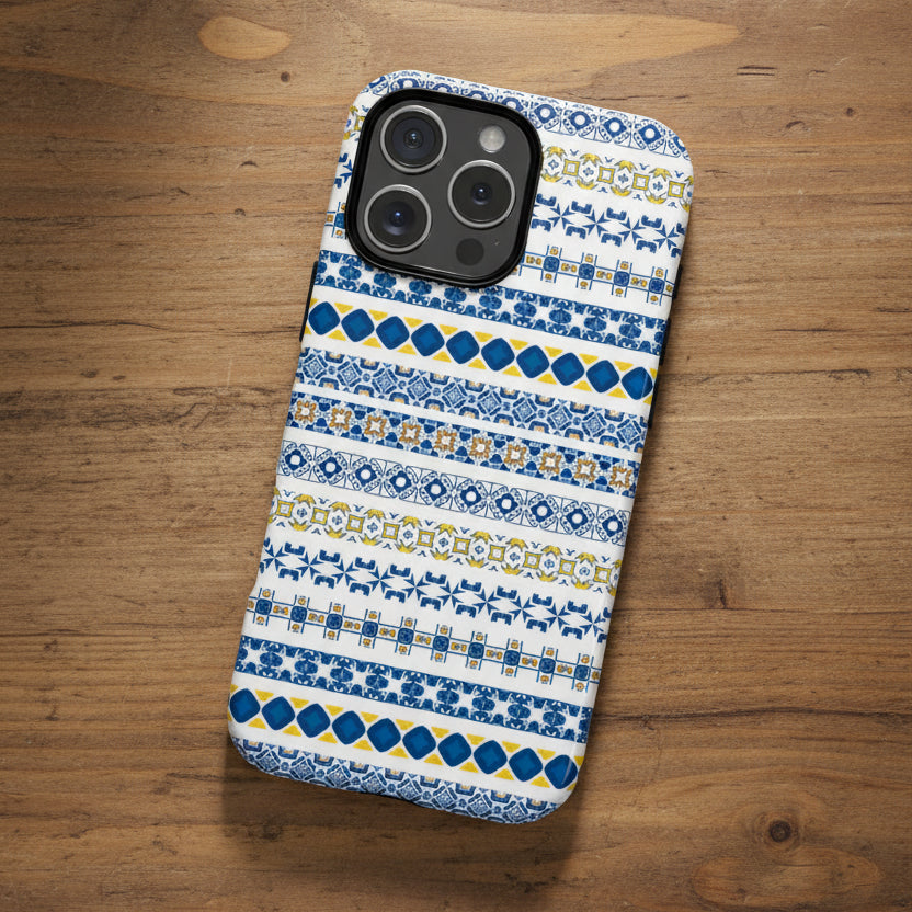 Phone case with blue and yellow geometric pattern on a white background