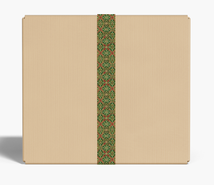 Beige cardboard box with a green decorative ribbon on a white background