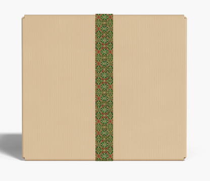 Beige cardboard box with a green decorative ribbon on a white background
