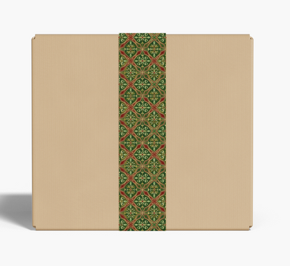 Beige box with a green decorative ribbon on a white background
