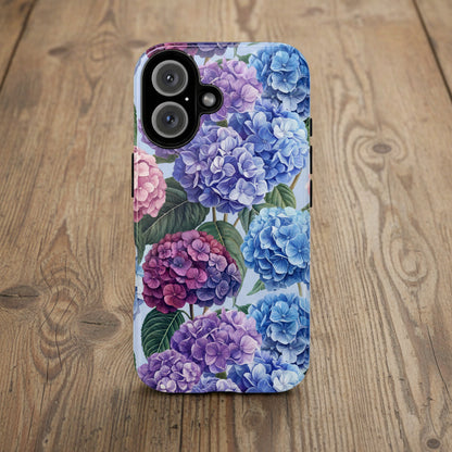 Phone case with a floral design featuring blue, purple, and pink hydrangeas on a white background.