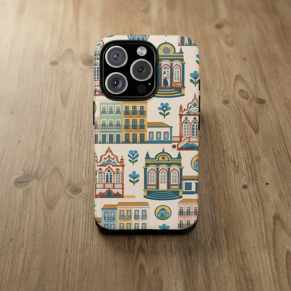 Phone case with colorful architectural design on a beige background