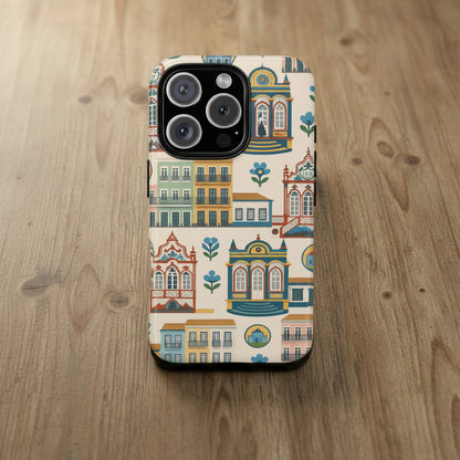 Phone case with colorful architectural design on a beige background