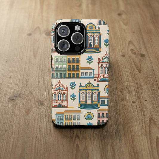 Phone case with colorful architectural design on a beige background