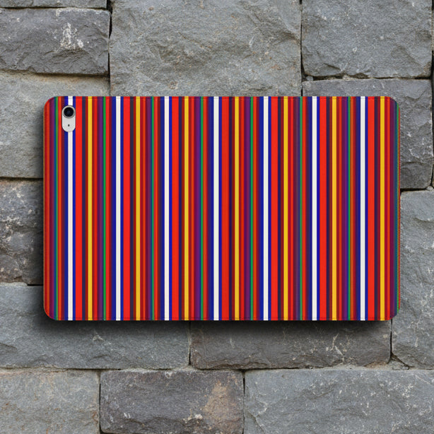 A protective phone case featuring a vibrant, multicolored vertical stripe pattern with red, orange, yellow, blue, and white stripes, shown on a clean white background.