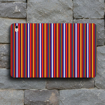 A protective phone case featuring a vibrant, multicolored vertical stripe pattern with red, orange, yellow, blue, and white stripes, shown on a clean white background.