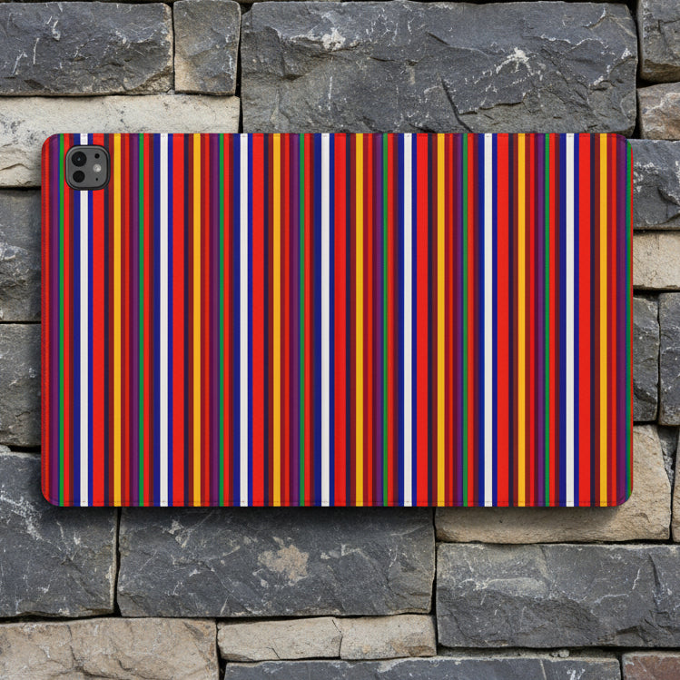 A rectangular tablet case with a vibrant vertical stripe pattern in red, orange, blue, white, and dark green, shown on a clean white background.