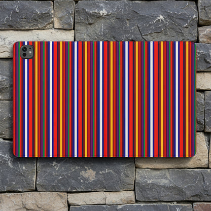 A rectangular tablet case with a vibrant vertical stripe pattern in red, orange, blue, white, and dark green, shown on a clean white background.