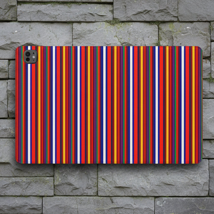 A tablet case featuring a vibrant, dense pattern of vertical stripes in red, orange, yellow, blue, purple, and white, shown on a clean white background.