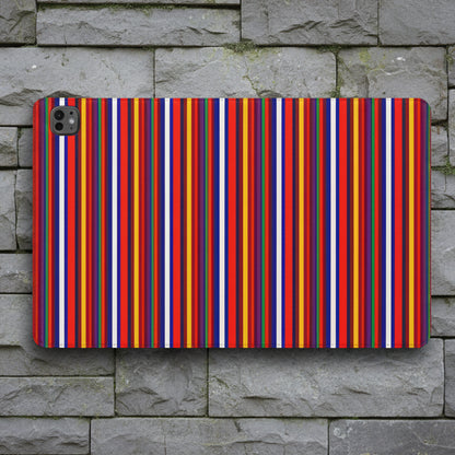 A tablet case featuring a vibrant, dense pattern of vertical stripes in red, orange, yellow, blue, purple, and white, shown on a clean white background.