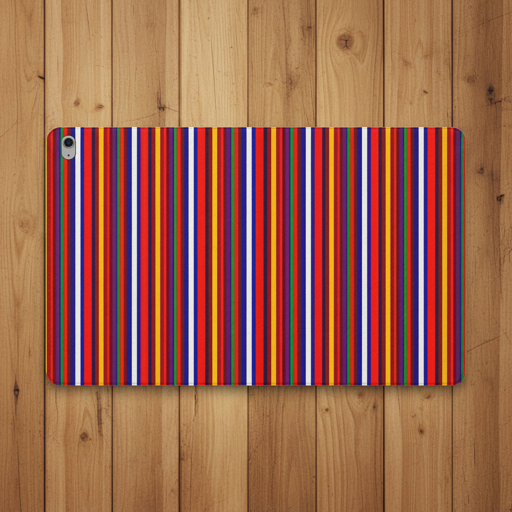 A protective iPad case featuring a vibrant, dense pattern of vertical stripes in red, orange, yellow, blue, purple, and white, shown on a clean white background.