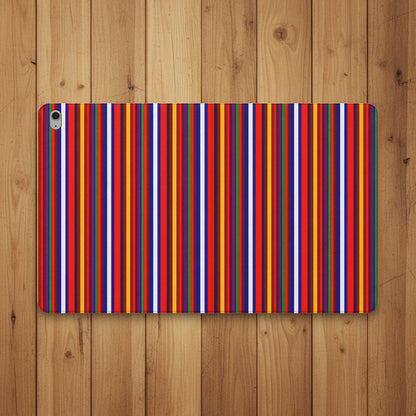 A protective iPad case featuring a vibrant, dense pattern of vertical stripes in red, orange, yellow, blue, purple, and white, shown on a clean white background.