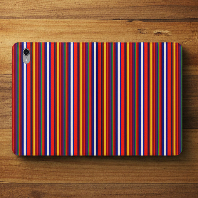 A protective phone case featuring a vibrant, multicolored vertical stripe pattern with red, blue, orange, yellow, and white stripes, shown on a plain white background.