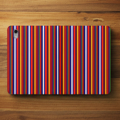 A protective phone case featuring a vibrant, multicolored vertical stripe pattern with red, blue, orange, yellow, and white stripes, shown on a plain white background.