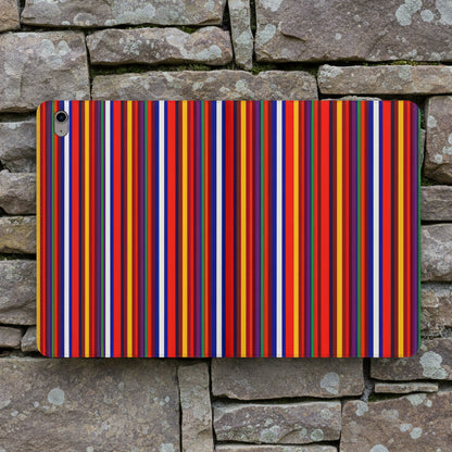 A protective iPad case featuring a vibrant, dense pattern of vertical stripes in red, orange, yellow, blue, purple, and white, shown on a clean white background.