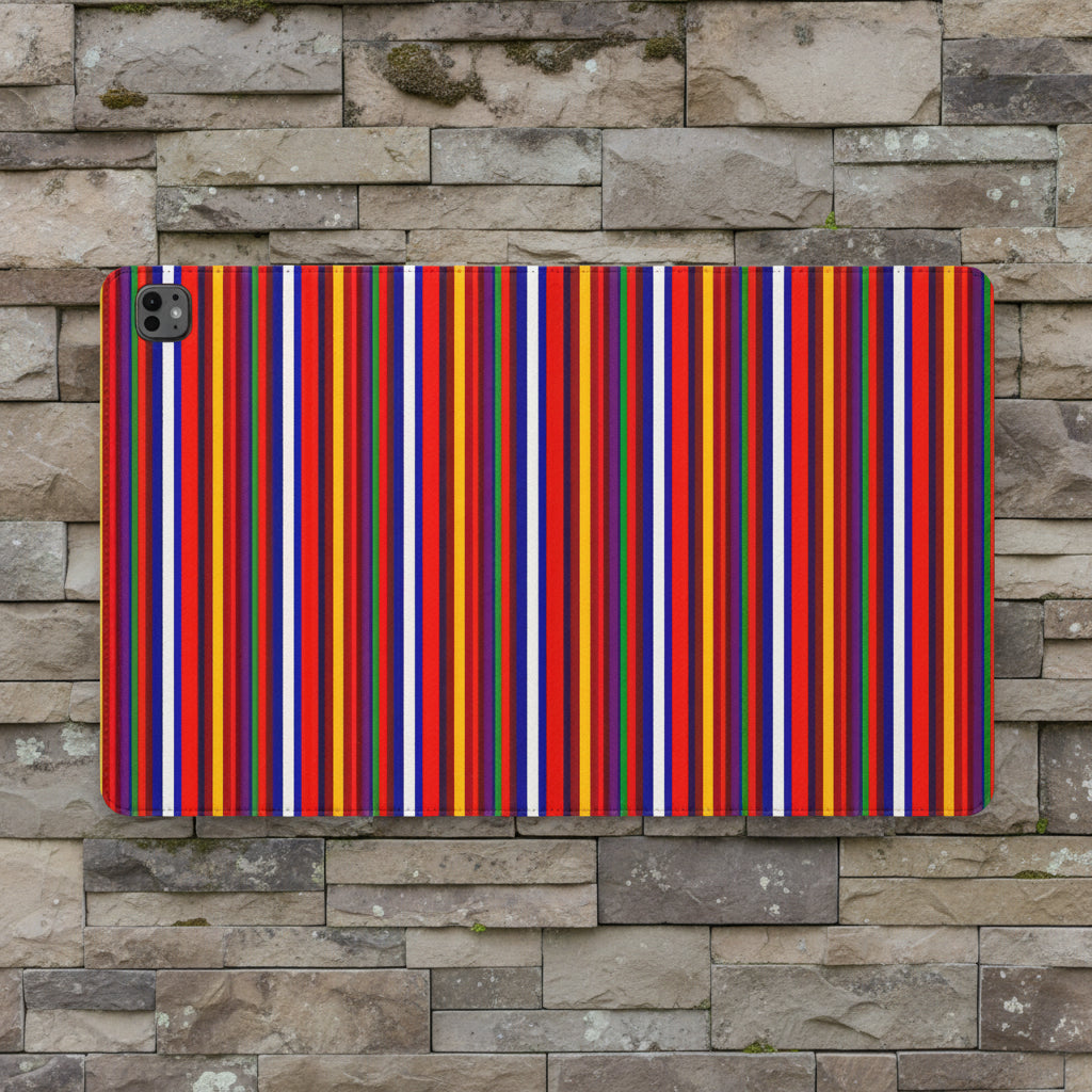 A tablet case featuring a vibrant, multicolored vertical stripe pattern with red, blue, orange, yellow, and white stripes, shown on a plain white background.