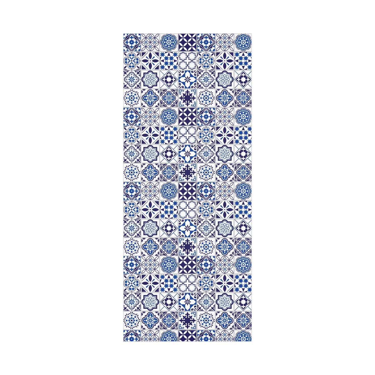 wrapping paper with blue and white geometric pattern on a white background