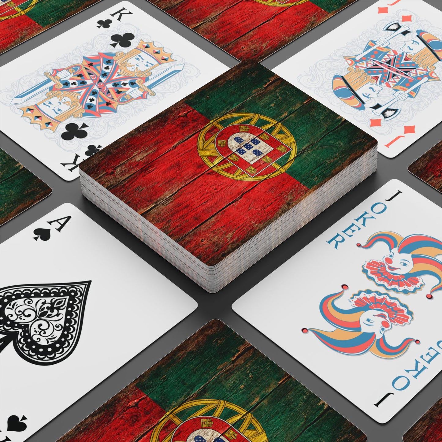 Playing cards with a focus on the Portuguese flag design 