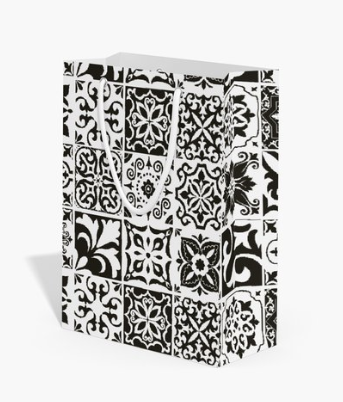 gift bag with black and white tile pattern on a white background