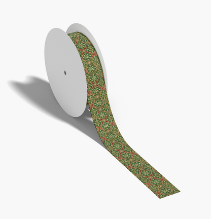 Roll of green ribbon with a pattern on a white background