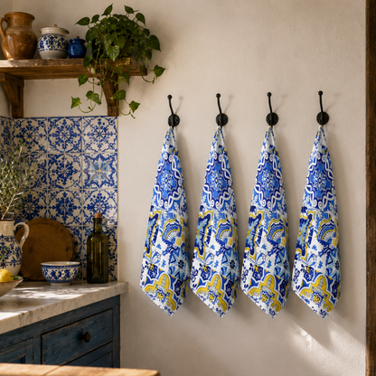 Decorative blue and white towels hanging on a wall in a kitchen with a tiled backsplash.