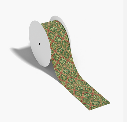 Roll of green and red patterned ribbon on a white background